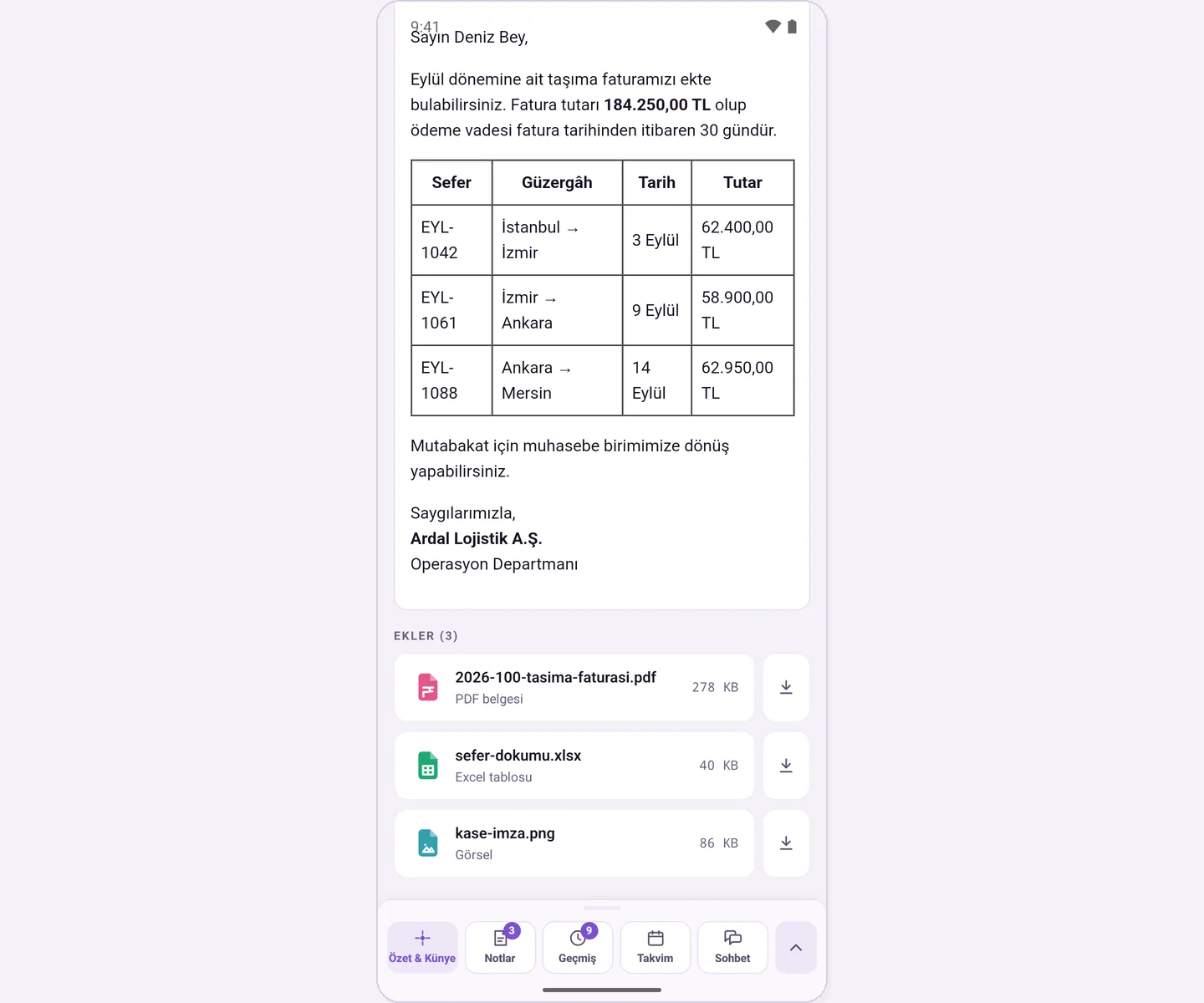 Attachments: file type icon, name, type, size and download button