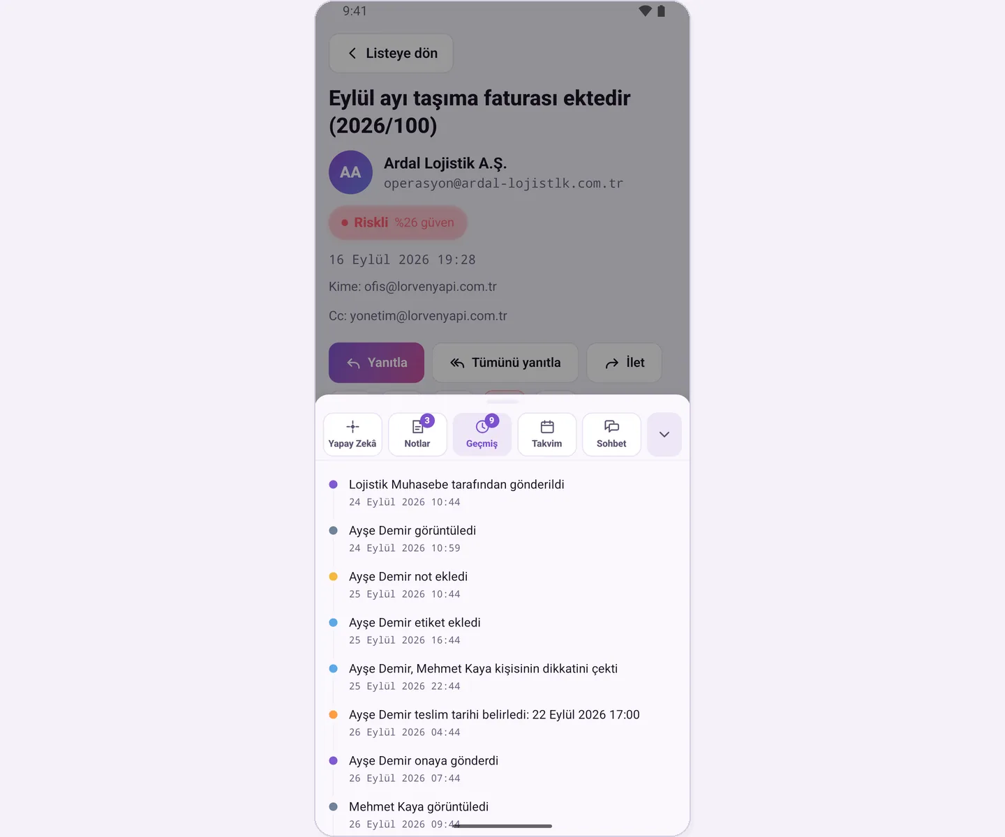 History tab: activity on the email