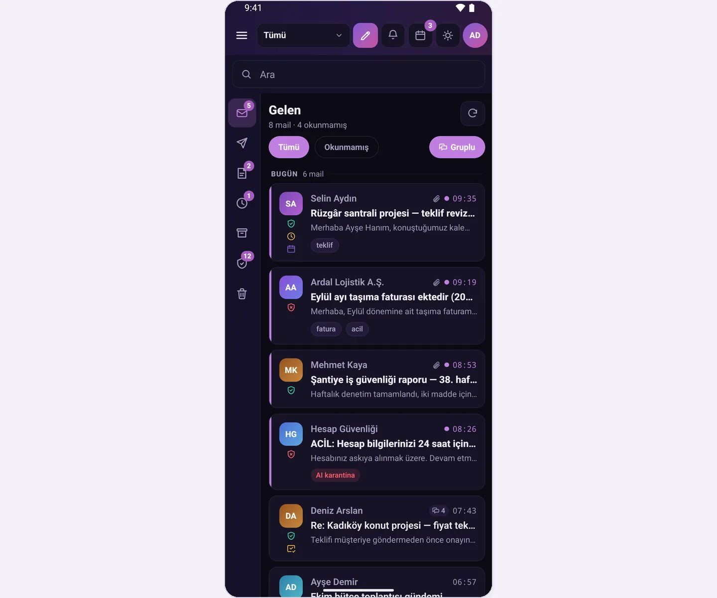Inbox in dark theme