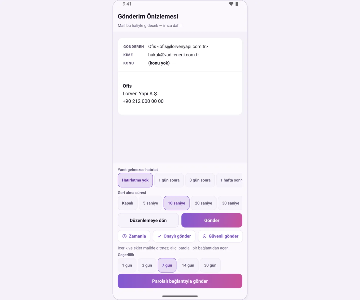 Secure send in the sending preview: validity period and send with a password-protected link