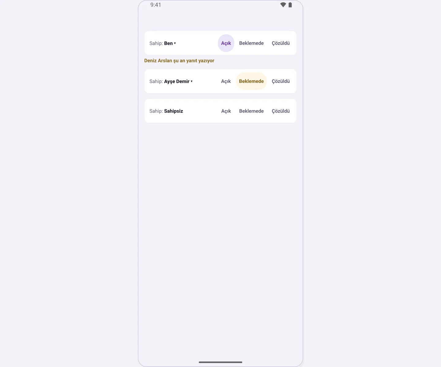 Work tracking bar: owner, status and the teammate currently writing a reply