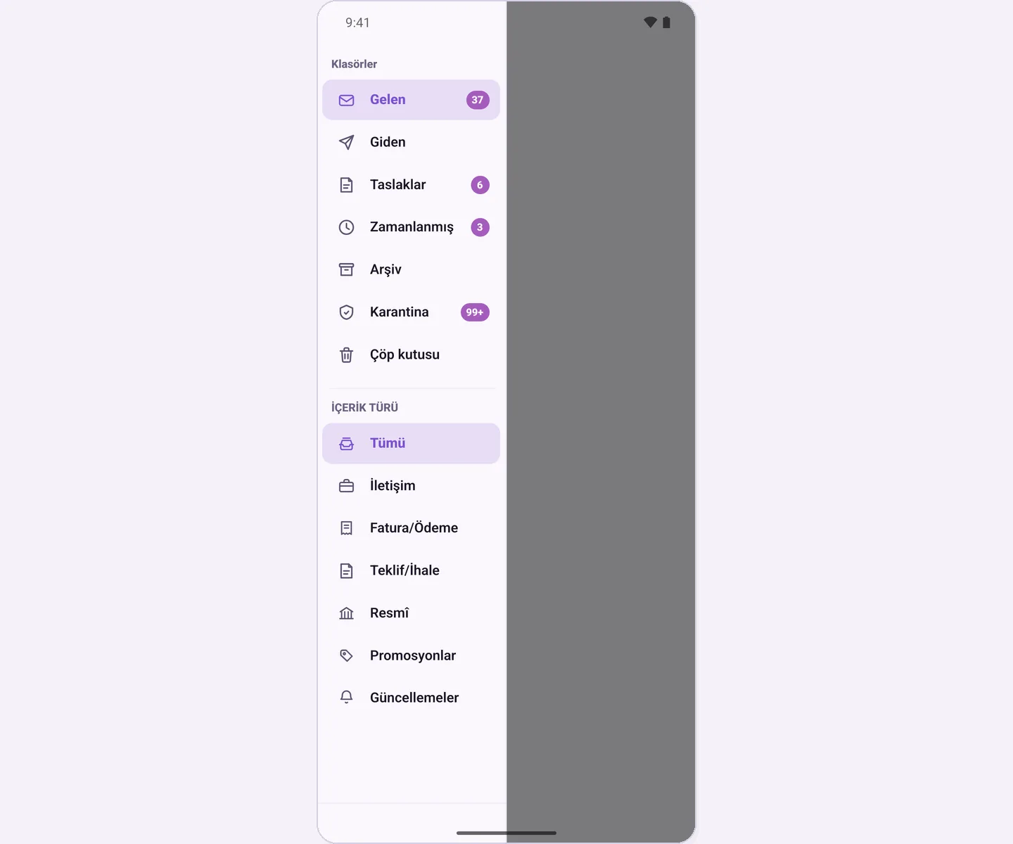 Folder panel: folders and content types