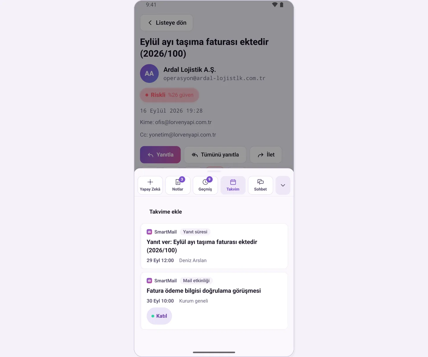 The Calendar tab of the email reader: the response time and meeting linked to this email