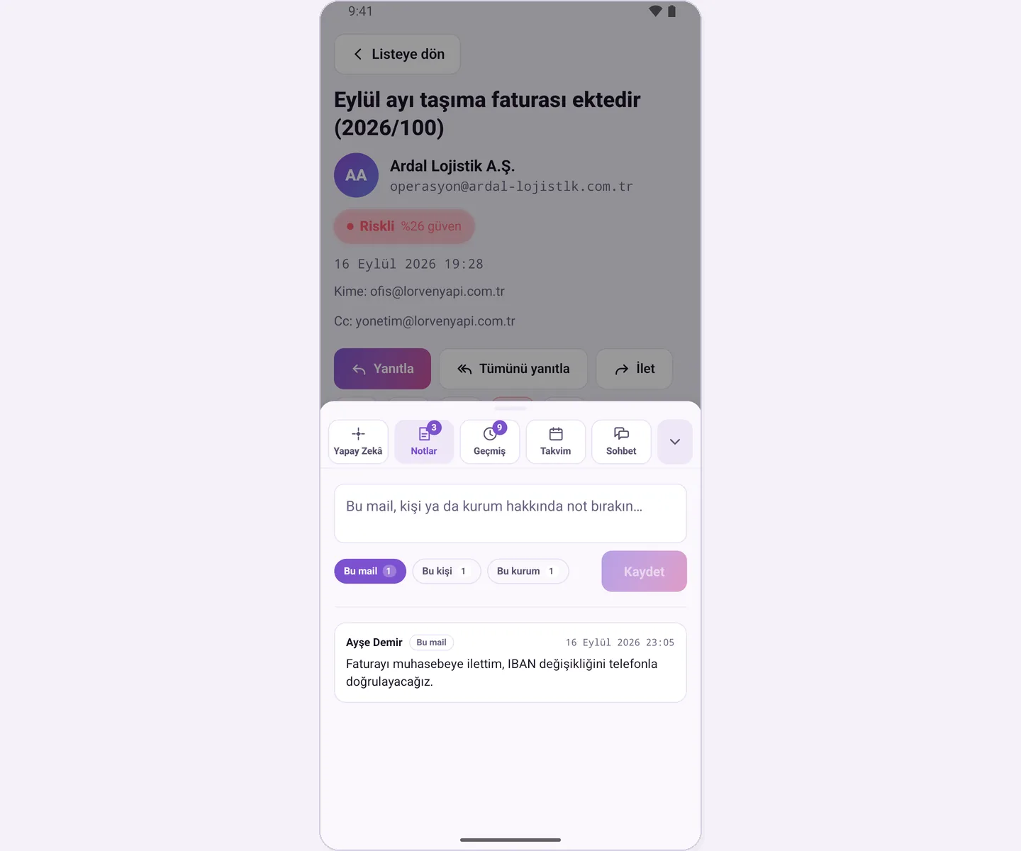 Notes tab: scope selection and saved note