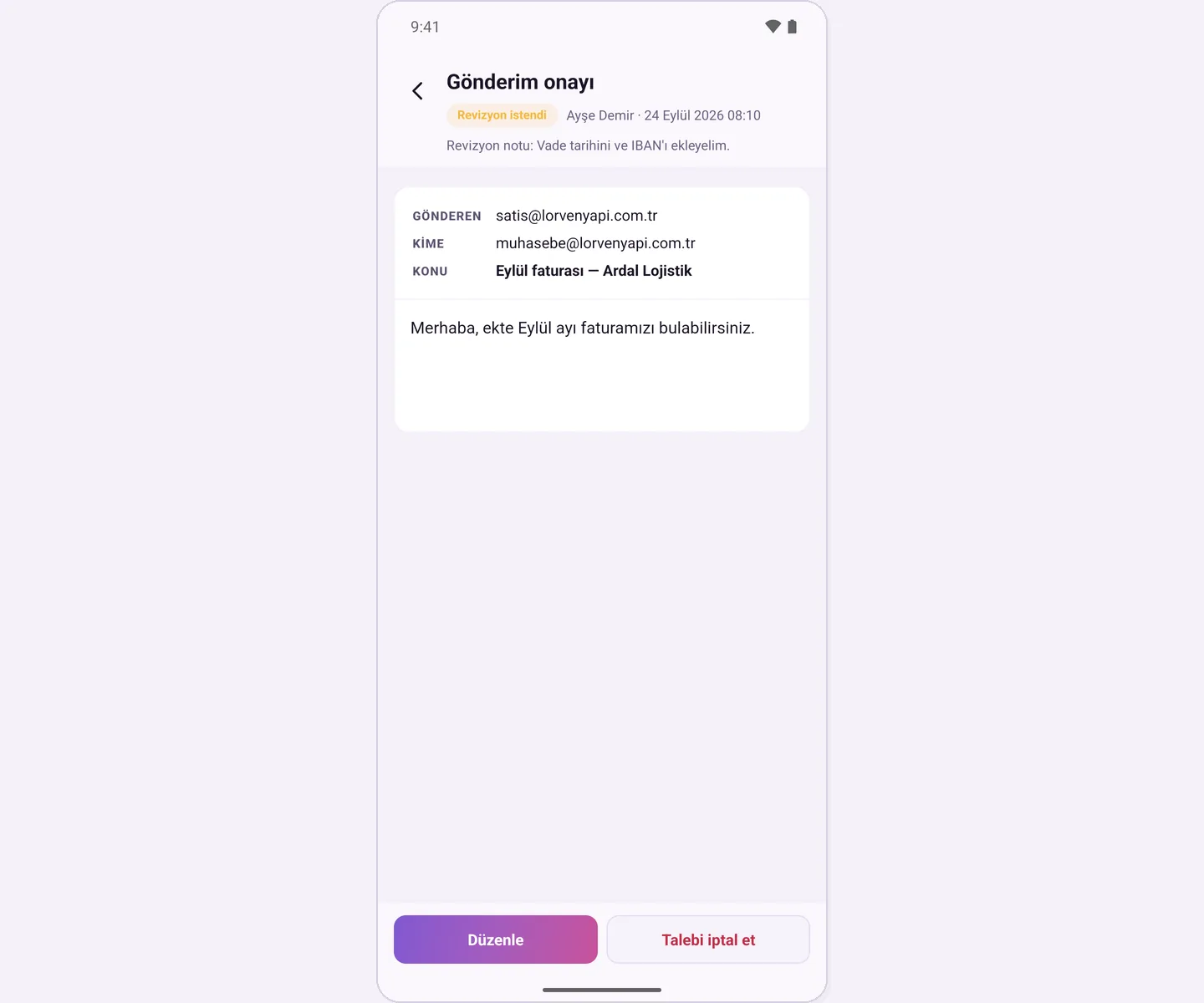 Approval request with a revision requested: revision note, Edit and Cancel request