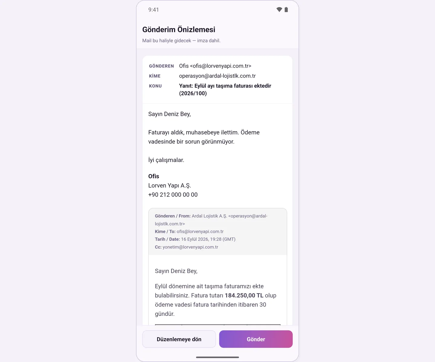 Send preview of the reply: reply, signature and quoted email