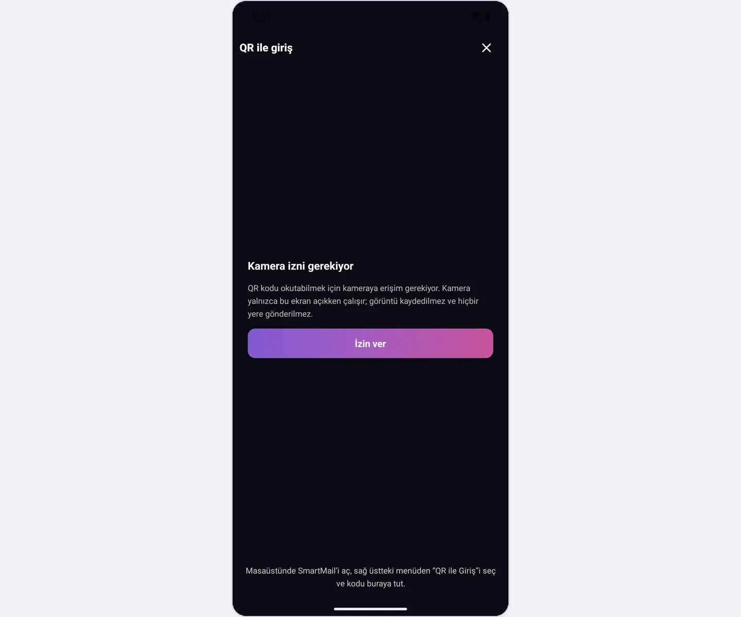 Sign in with QR: camera permission screen