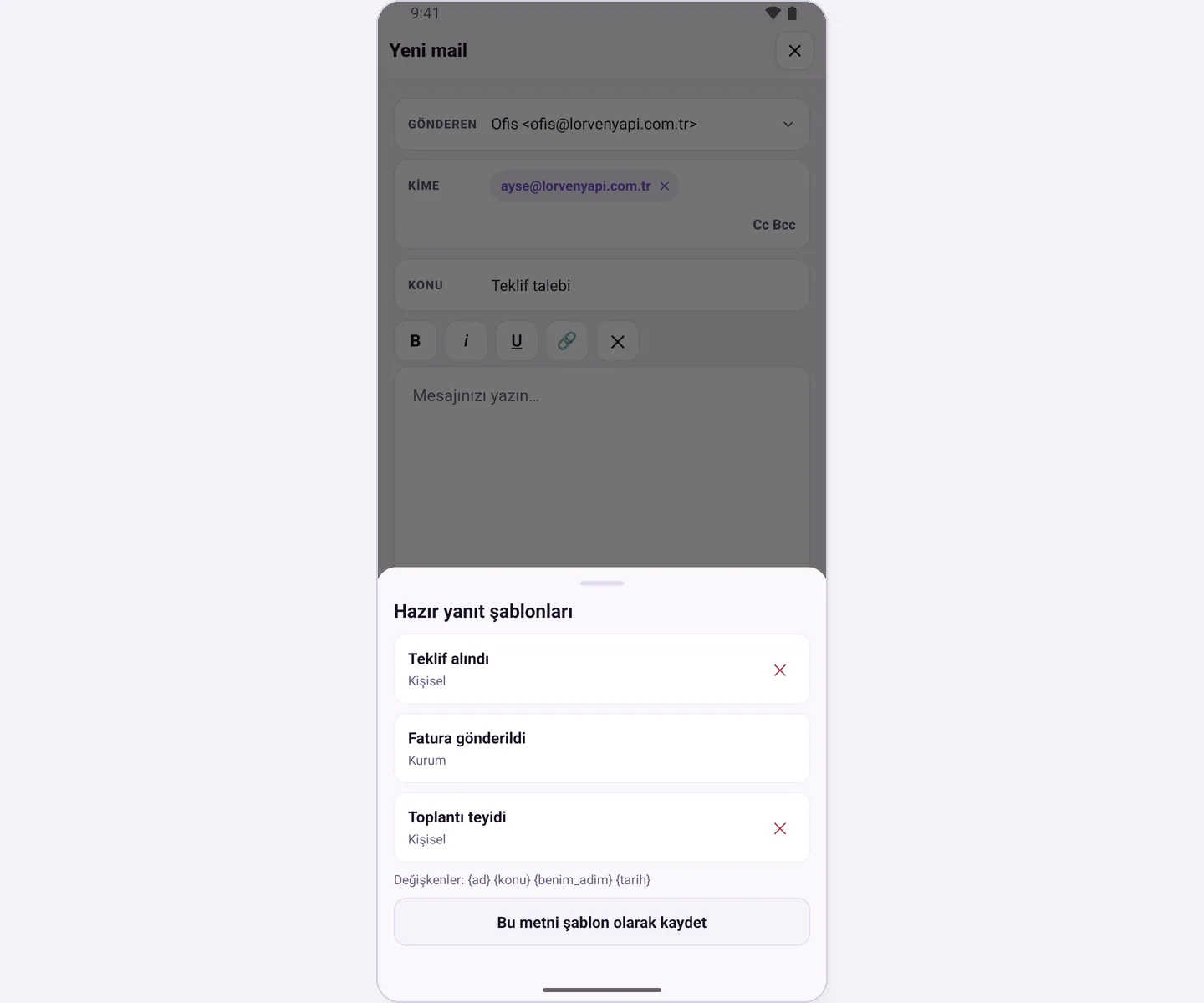 Canned response templates list: personal and organization templates