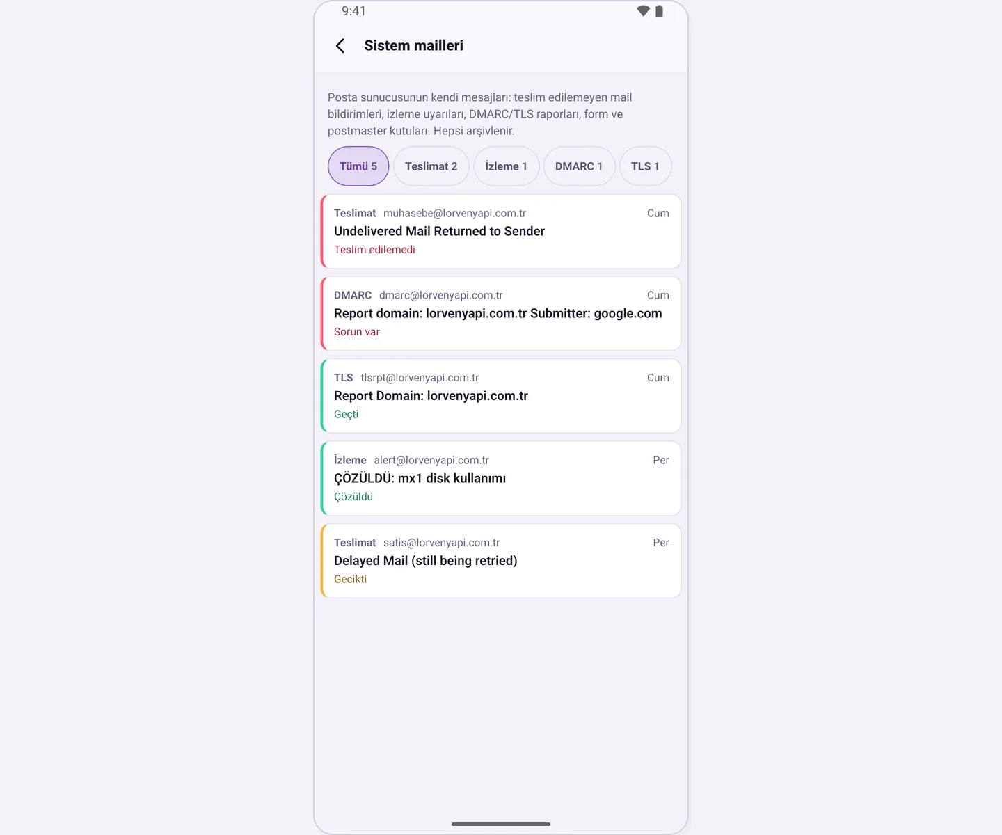 System emails: filter by type and list by status