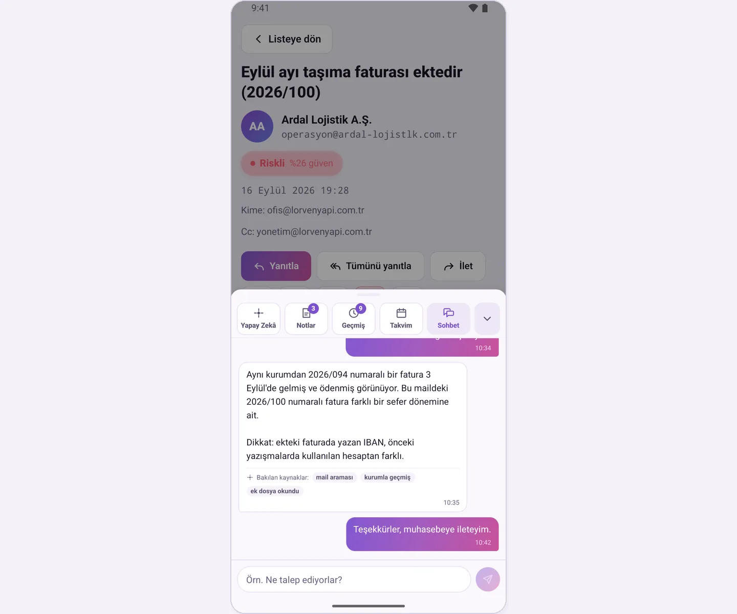 Chat tab: question, answer and sources consulted