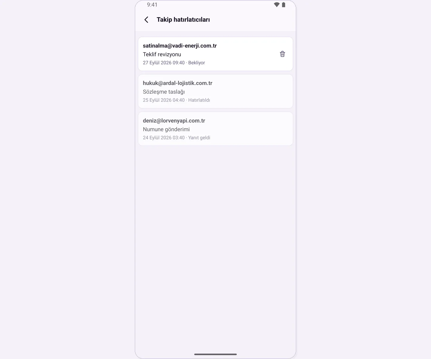 Follow-up reminders list: recipient, subject, time and status
