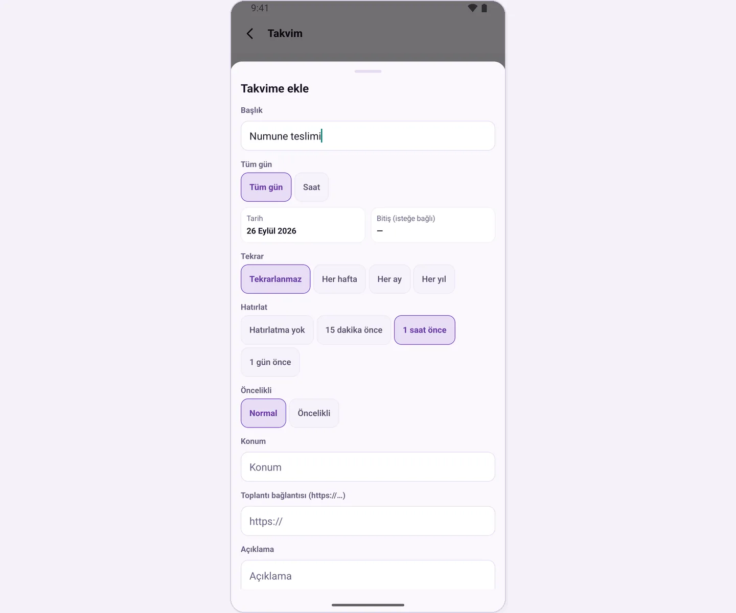 Add to calendar form: title, date, recurrence, reminder, priority and meeting details