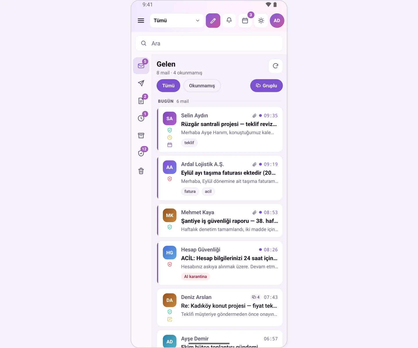 Calendar icon and today's item count in the Inbox top bar