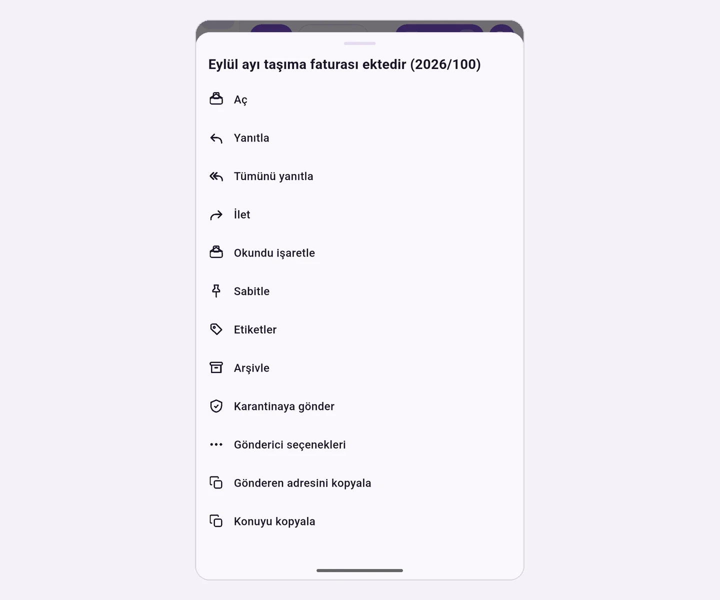 Menu that opens when you long-press an email row