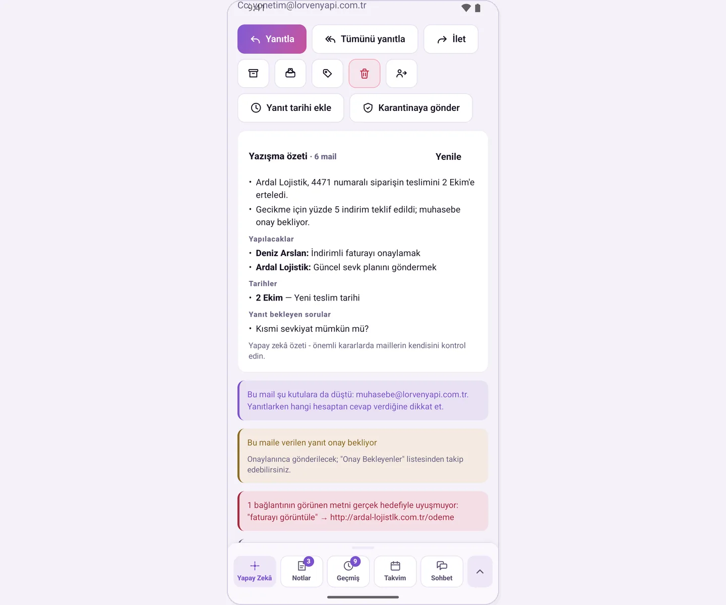 Conversation summary card: summary items, to-dos, dates and questions awaiting a reply
