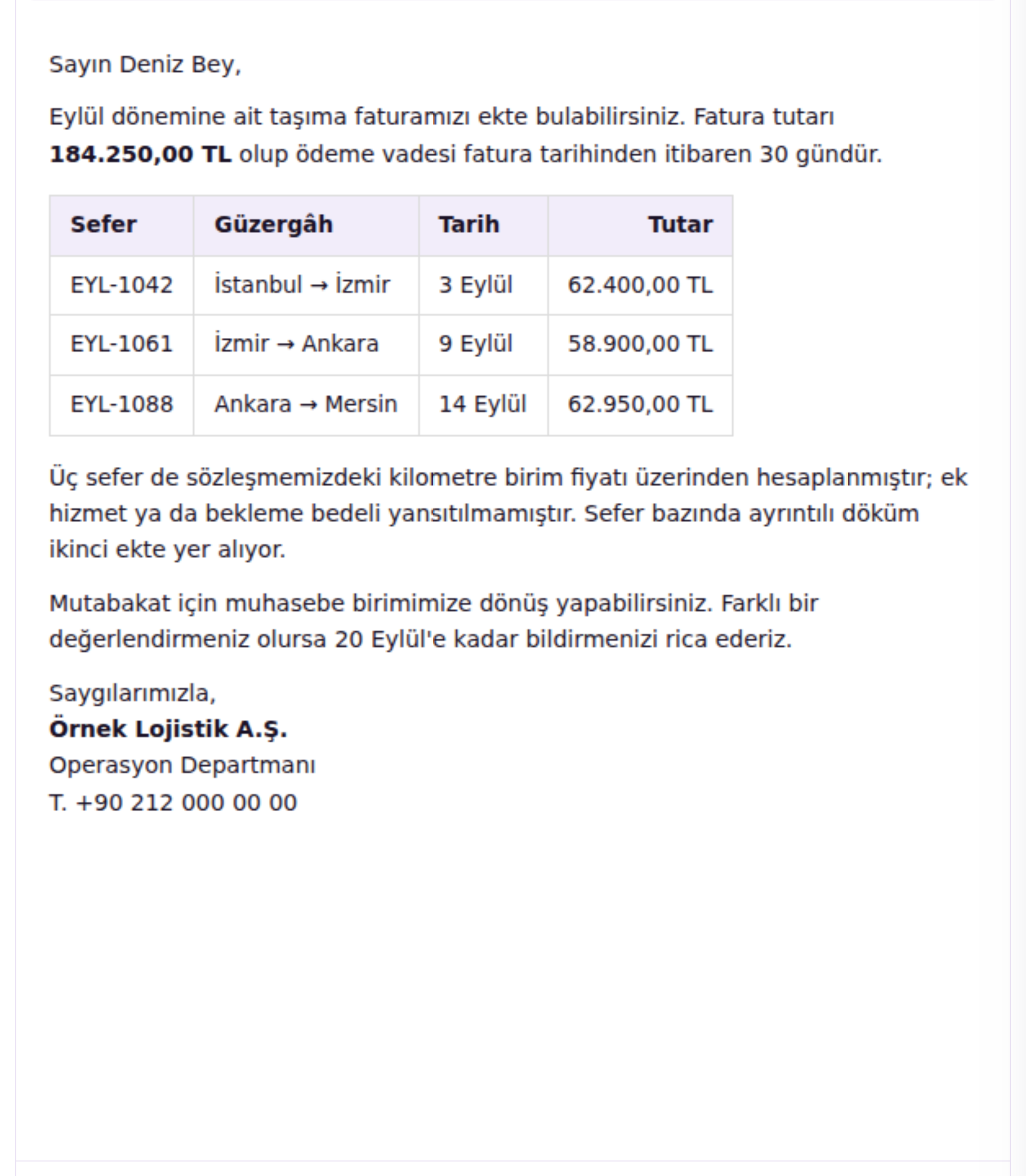 A formatted invoice mail and its table in the mail reader