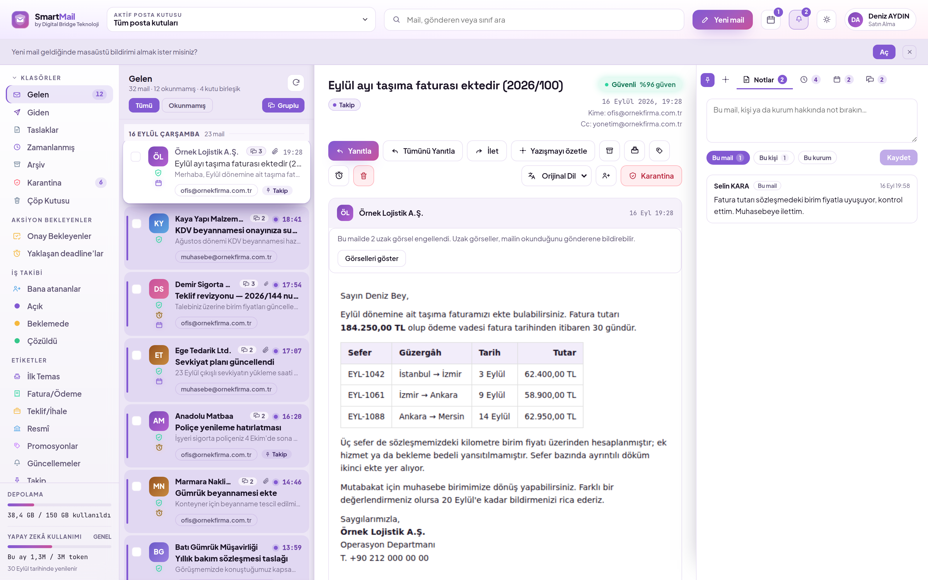 Team note tab: internal notes written next to the email that are not sent to the recipient