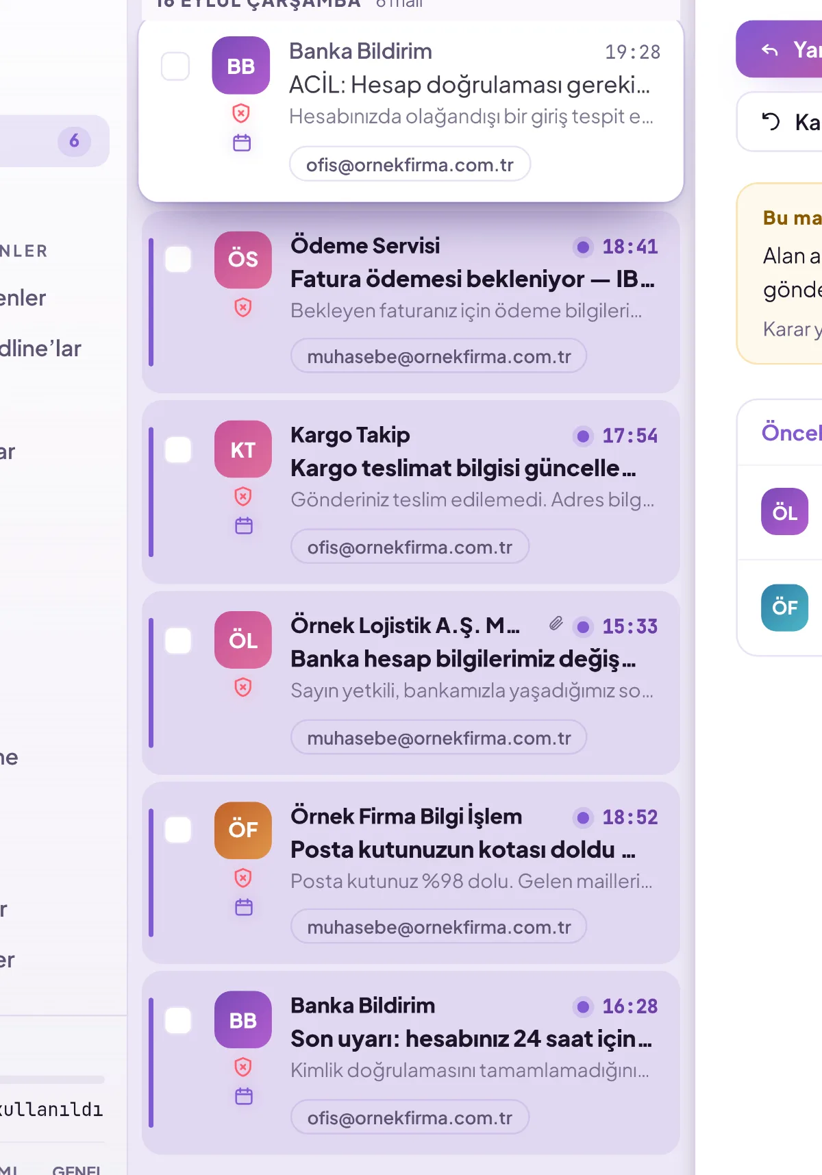 Quarantined emails list: sender, subject and reason for quarantine in each row