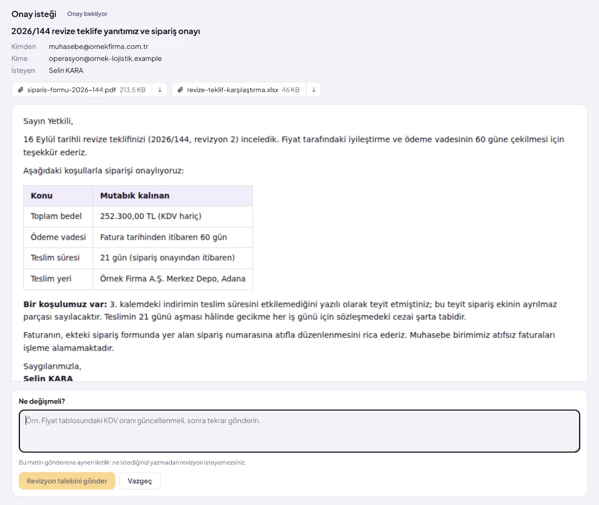 Revision request: mandatory text field stating what needs to change.
