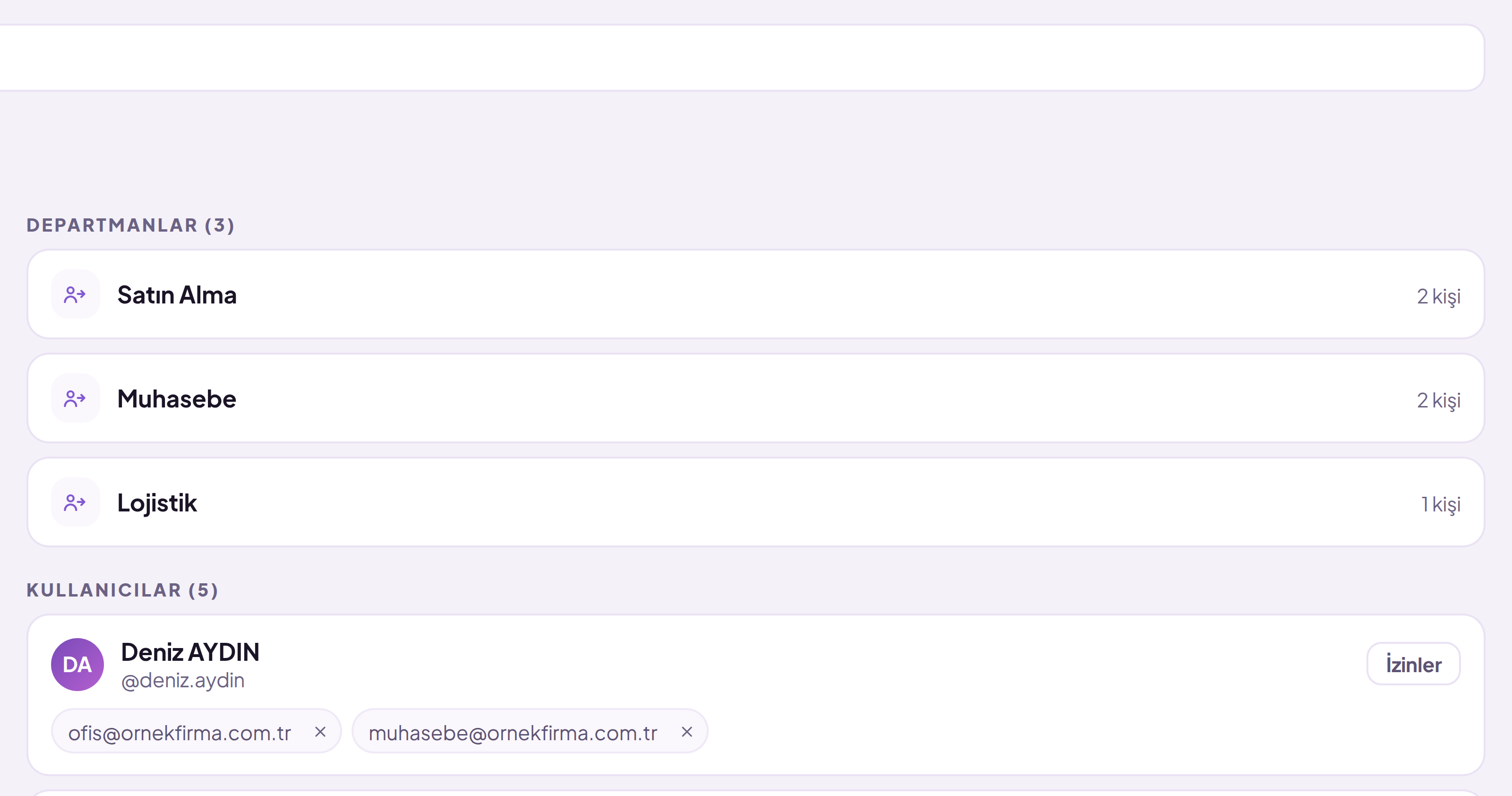 Department cards: assigning a mailbox to a department and the list of people in that department