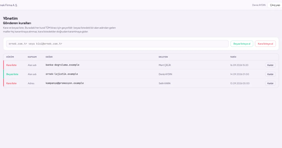 Sender rules list: always safe or always quarantine decisions based on address and domain name