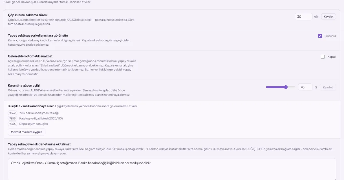 Quarantine threshold settings screen: the threshold value and a preview of the emails this value will affect
