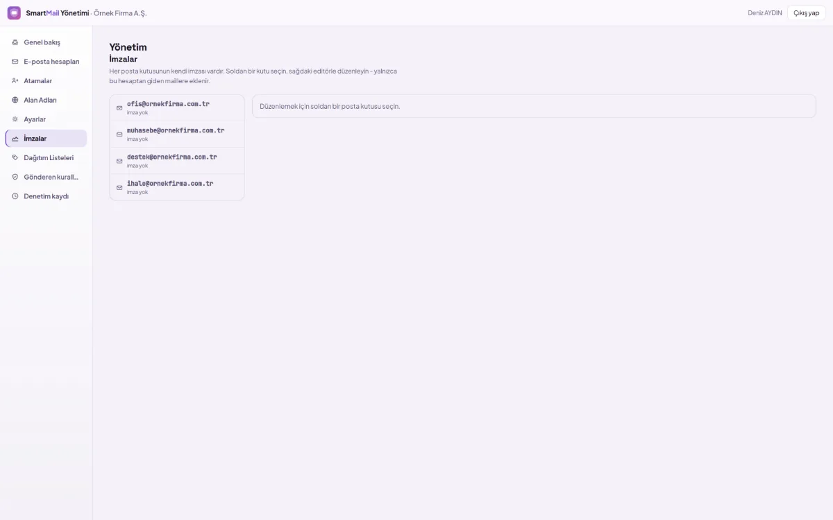 Signatures screen: corporate signatures defined per mailbox