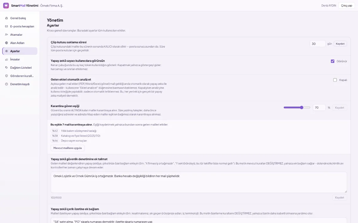 Settings screen: quarantine threshold, trash retention period and other settings