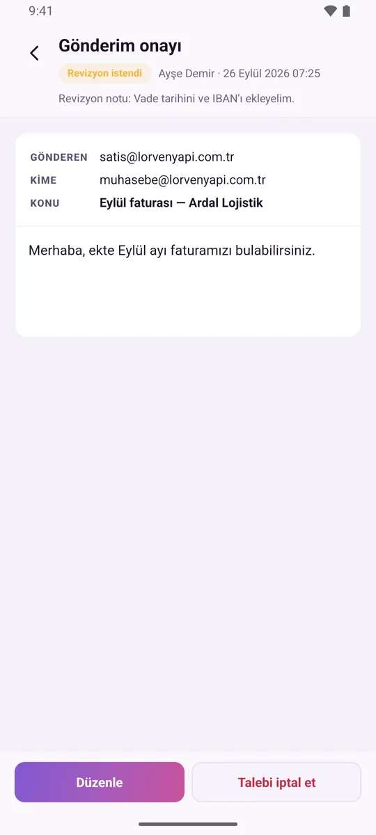 Send approval in the mobile app: the approver's revision note, Edit and Cancel request options