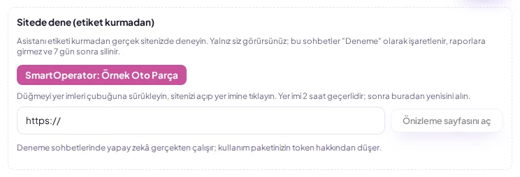 The Test on site section on the Sites screen: bookmark button and preview page (with demo data)