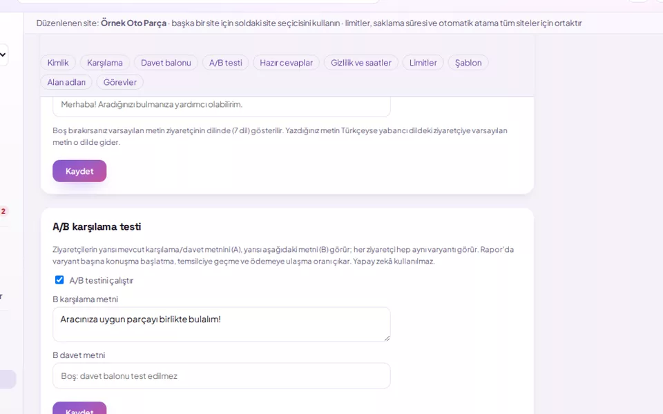 A/B greeting test setting (with demo data)