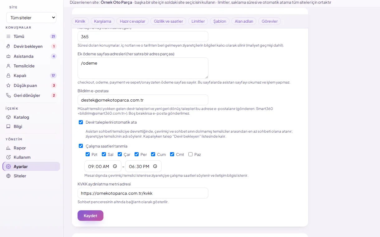 Working hours and notification email (with demo data)