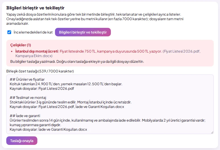 Merge and deduplicate section: discrepancies list and combined summary draft (with sample data)