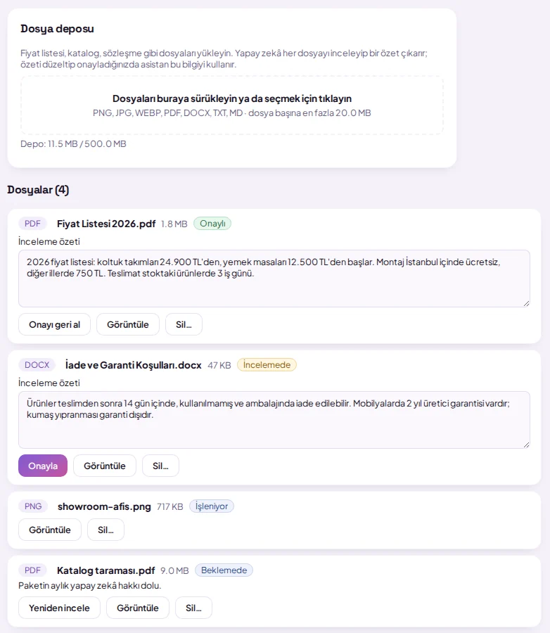 File Repository screen: upload area, repository usage, and file analysis summaries (with sample data)
