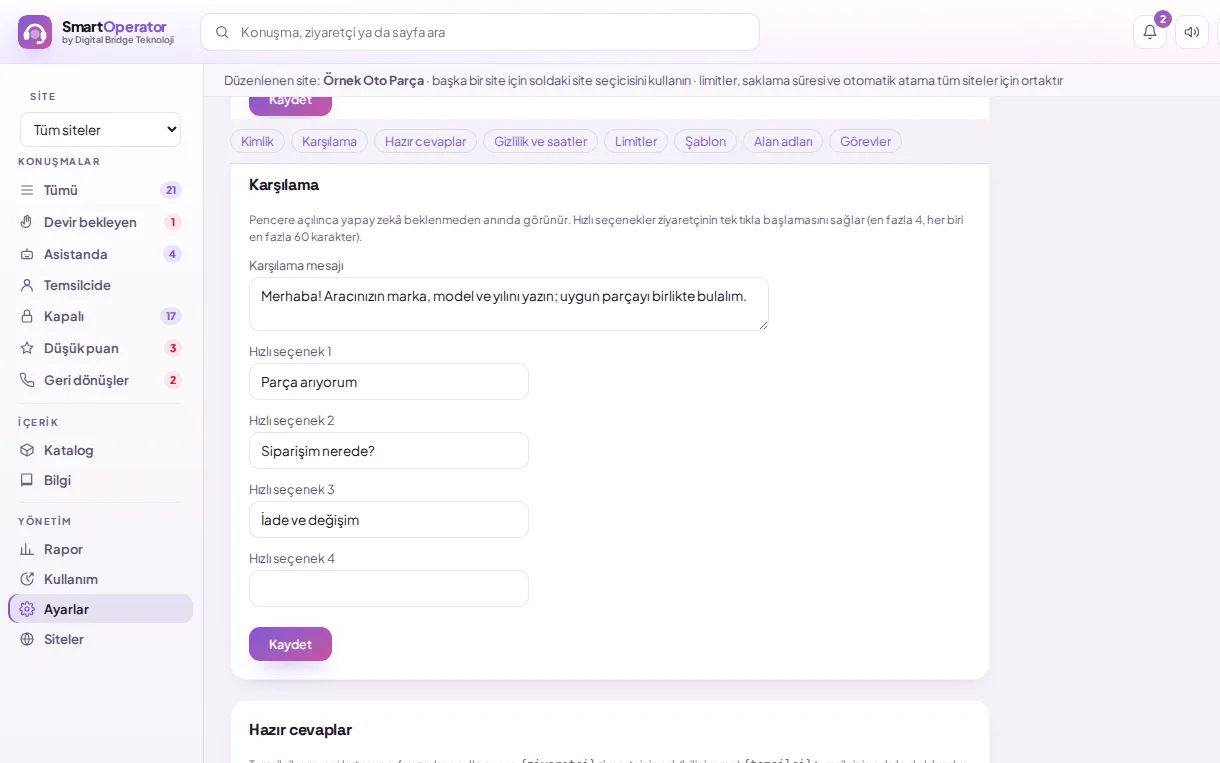 Welcome message and quick options (with demo data)