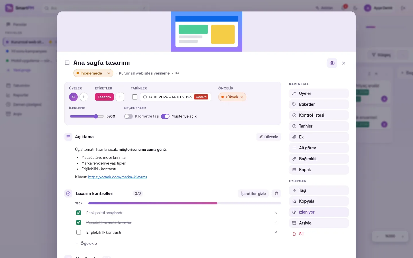 Task panel: status, priority, dates, progress, assignees, subtasks and dependencies