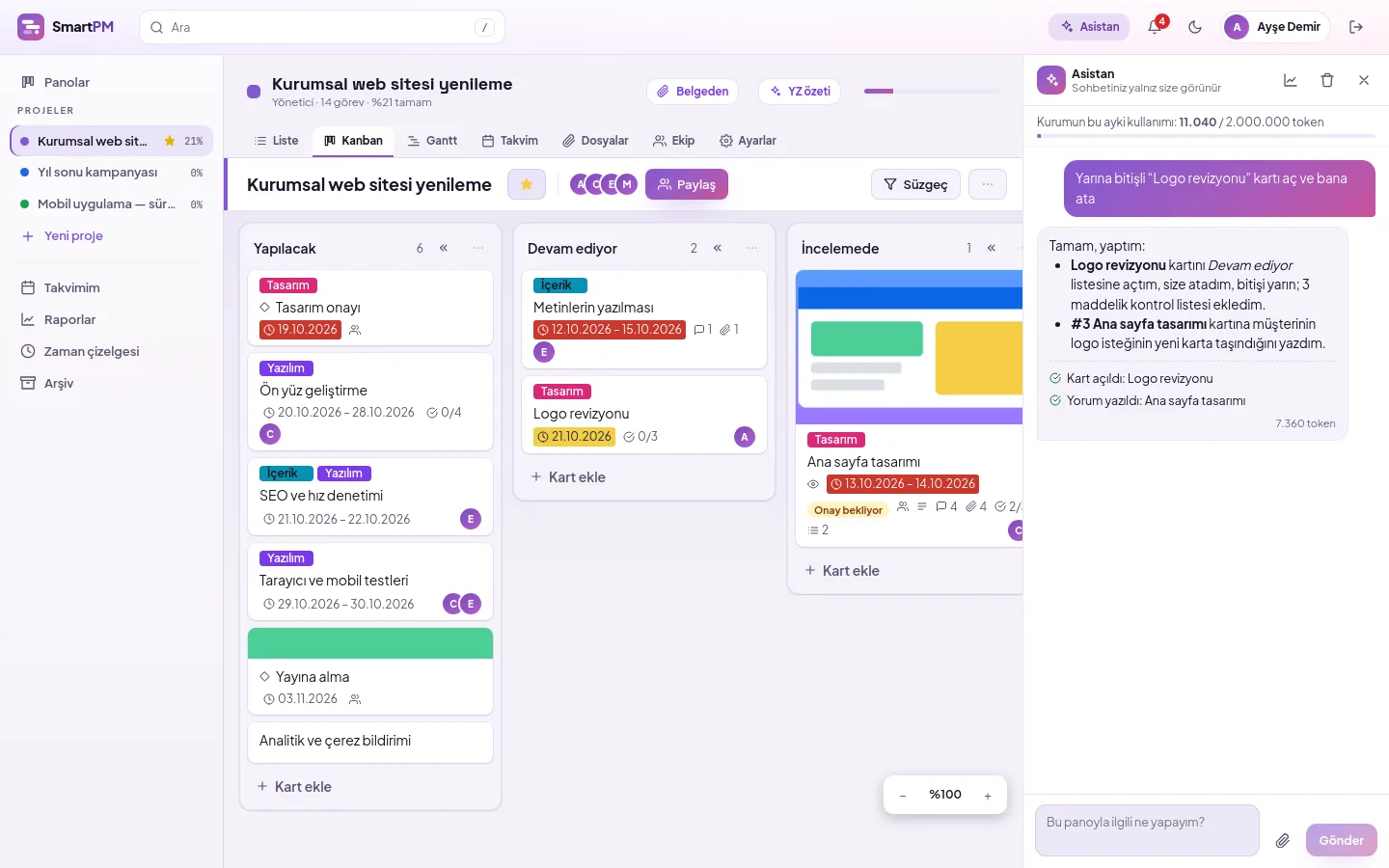 Right-hand AI assistant: user request, assistant response and new card opened on the dashboard