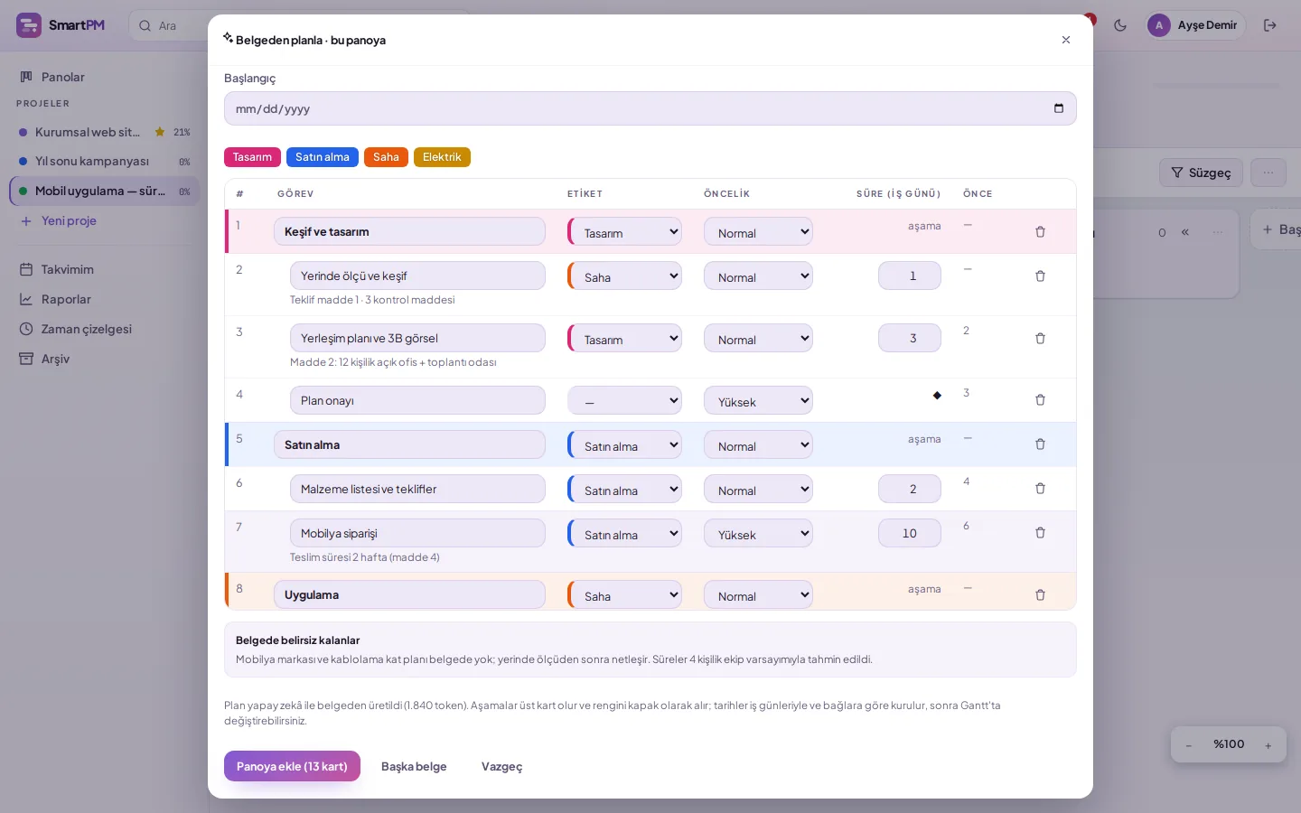 Create plan from document window: stages, durations and colour-coded labels extracted from the quote document