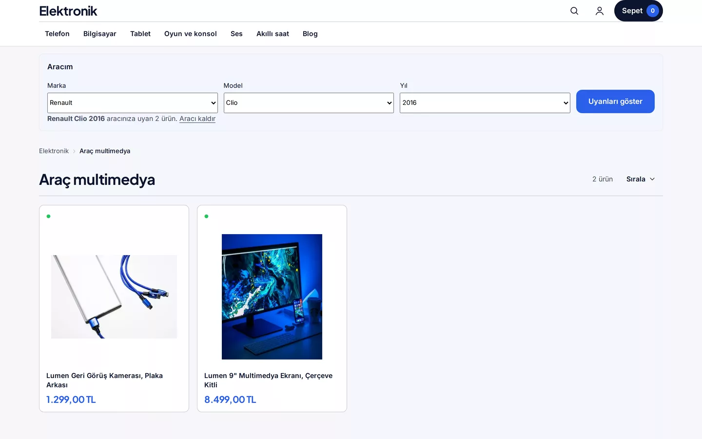 Category page in the storefront: "My Vehicle" selector at the top (Renault, Clio, 2016), with two compatible products listed below.