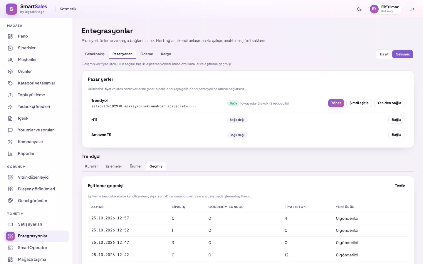 Sync history: time, order, shipment result, price/stock, and new product columns