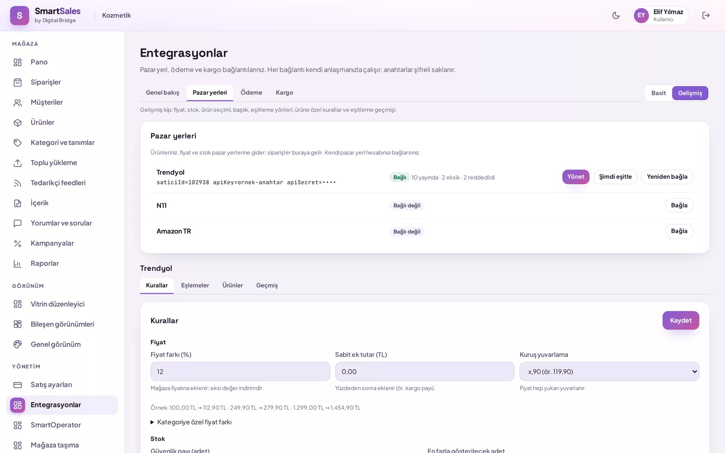 Price rules in advanced mode: price difference, fixed additional amount, kuruş rounding, and stock header