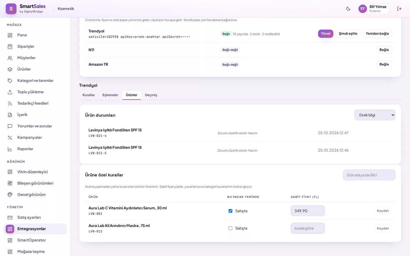 Product-specific rules: one product has a fixed price of 349.90 TL, the other is not for sale on this marketplace