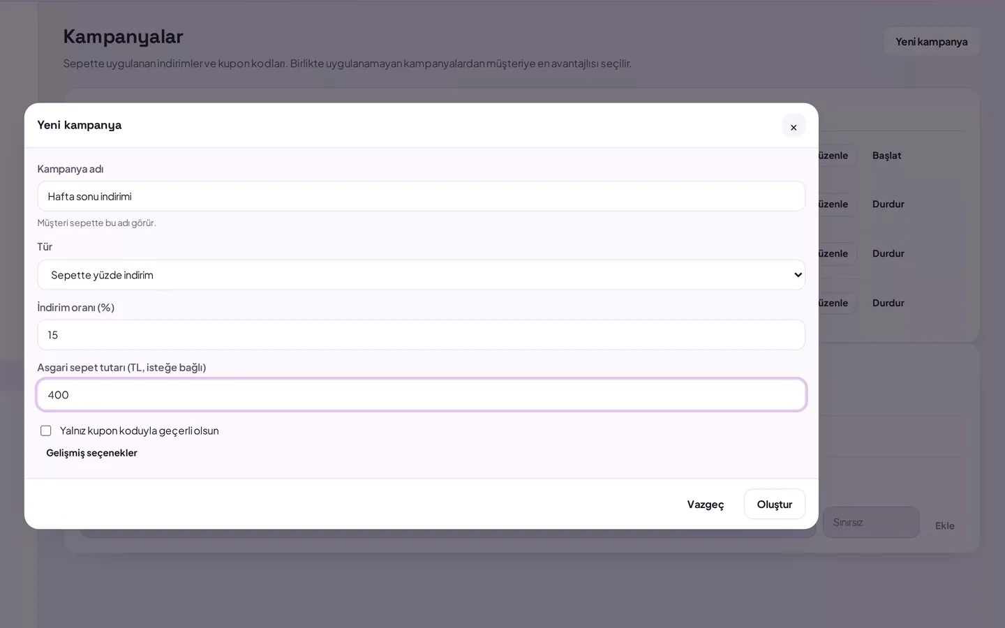New campaign form: campaign name, type, discount rate, and minimum cart amount filled (demo data)