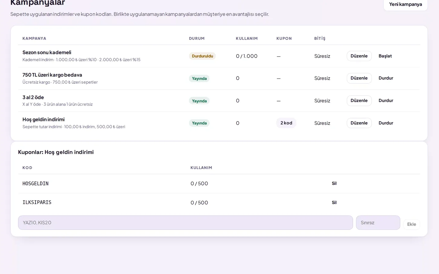 Campaign's coupon list: codes, usage counts, and new code input area (demo data)