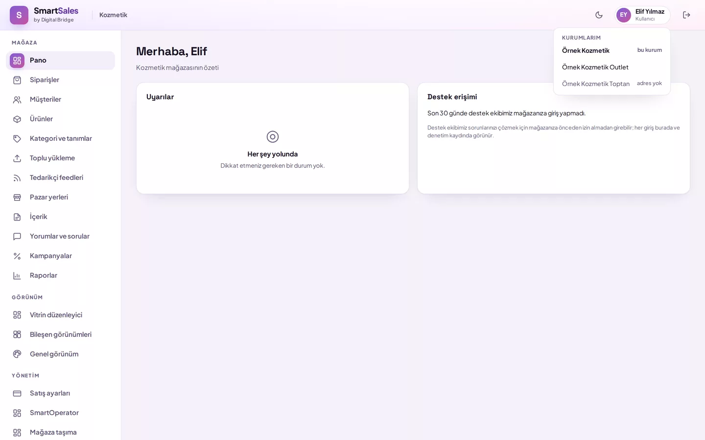 Open My Account menu in the panel: three stores in the My Organisations list, the first is this organisation, the last one has no address (demo data)