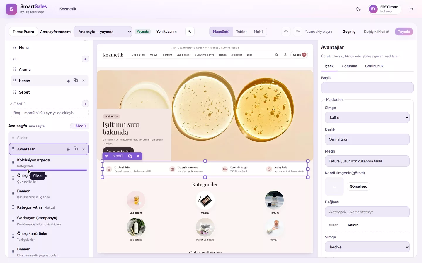 Slider module being dragged in the layer list, with a purple line indicating the drop target (demo data)