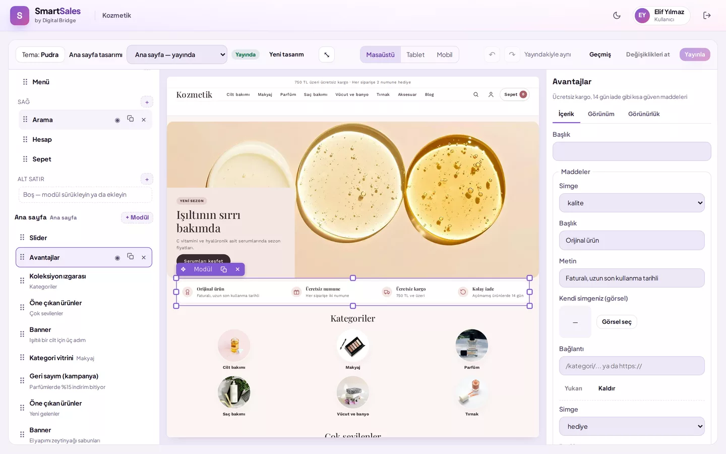 Storefront editor: layers on the left, selected Advantages module toolbar and size handle in the preview centre, and module settings (demo data) on the right.