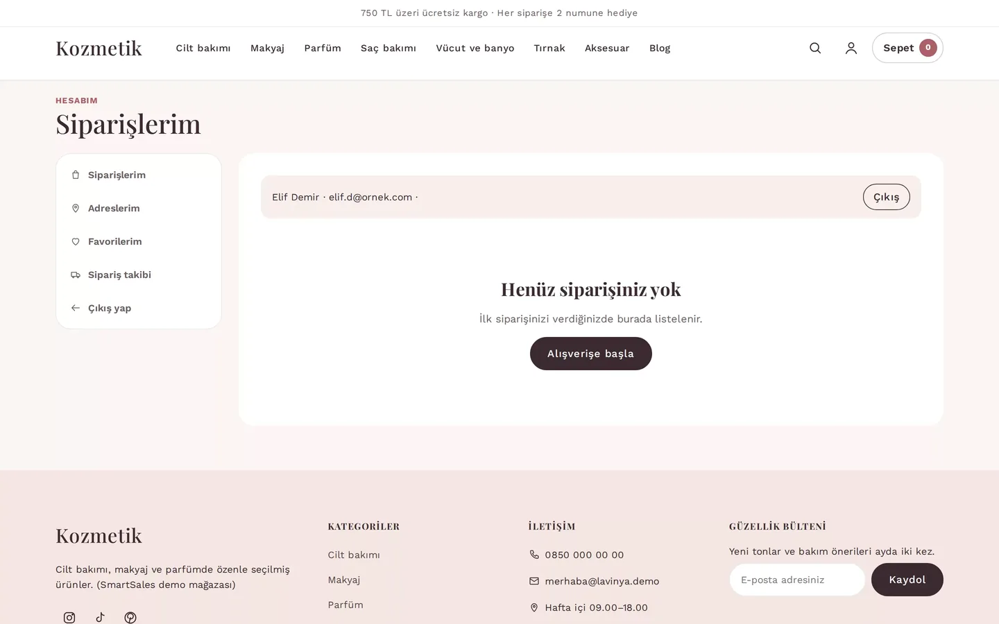 Customer account opened after confirmation link: My Orders page, customer's name and email (demo store)