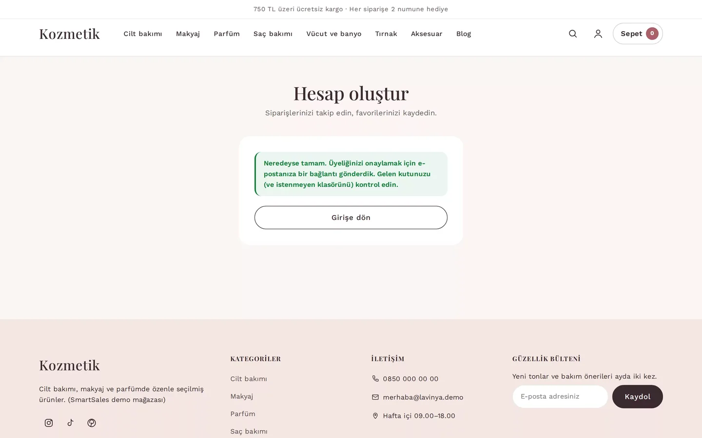 Message appearing after the Sign Up form: a link was sent to the email to confirm membership (demo store)