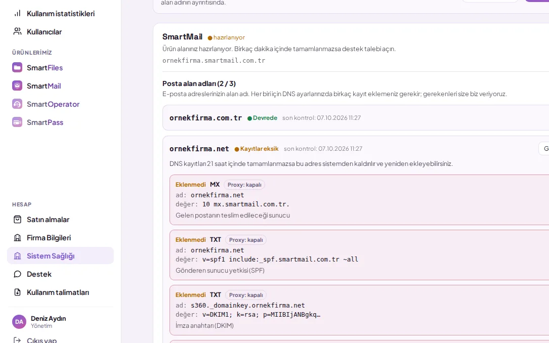 System Health screen: product cards, mail domains section (shown with demo data)